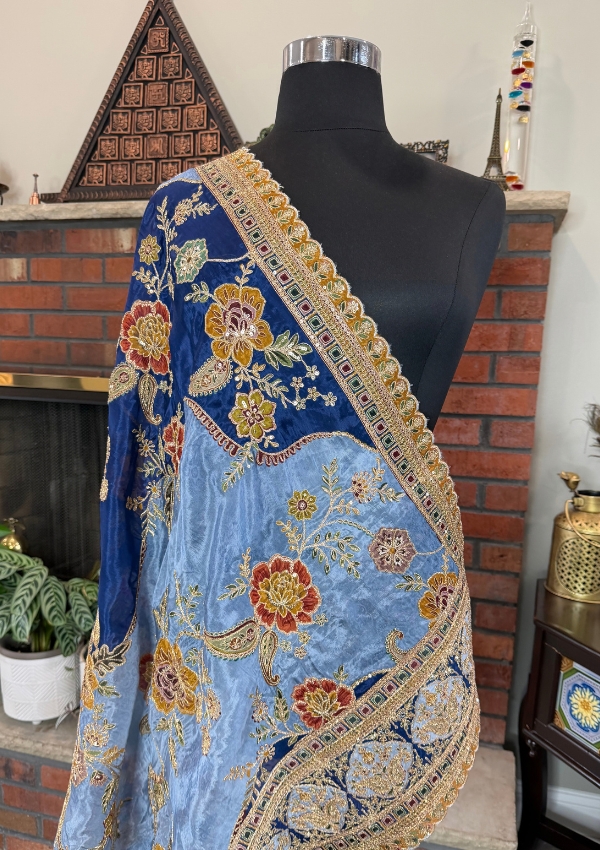 Blue Floral Embroidered Organza Dupatta